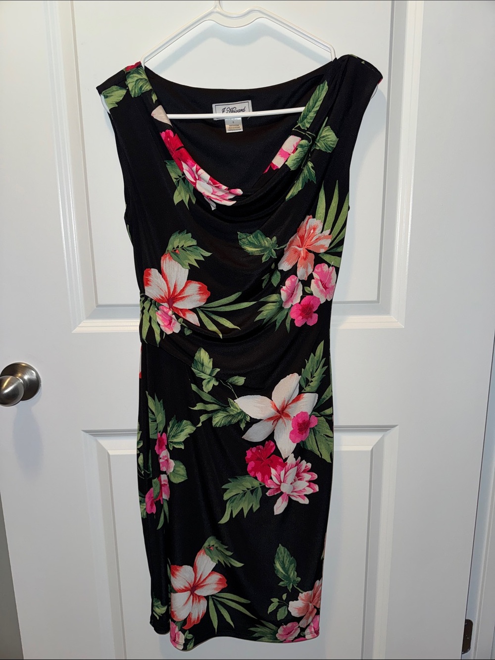Floral Cowl Neck Midi Dress in Black with Pink & Green